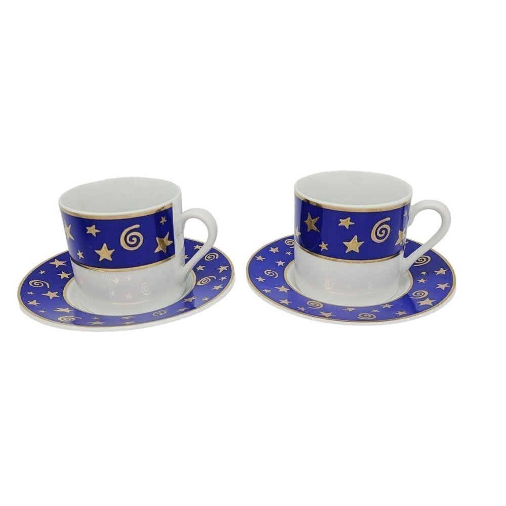 2 Pottery Barn Japan Demitasse Espresso Cups Saucers Blue Gold Stars Swirls HTF